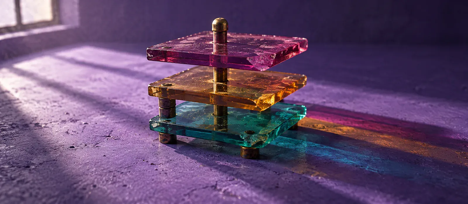 Three panes of coloured cast glass — magenta, amber and cyan — stacked on brass spacers with one brass pin passing through all three, casting three offset shadows on a violet ground.