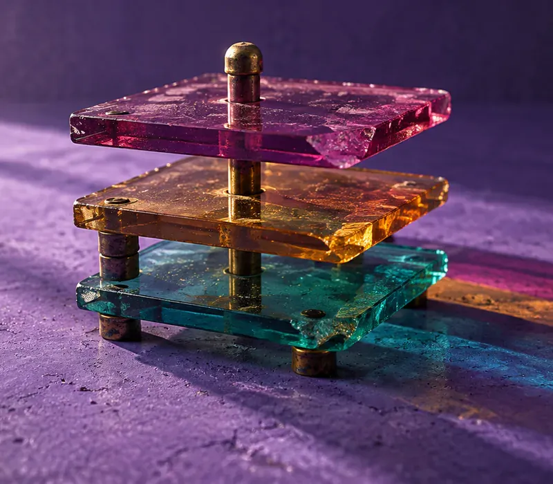 Three panes of coloured cast glass — magenta, amber and cyan — stacked on brass spacers with one brass pin passing through all three, casting three offset shadows on a violet ground.