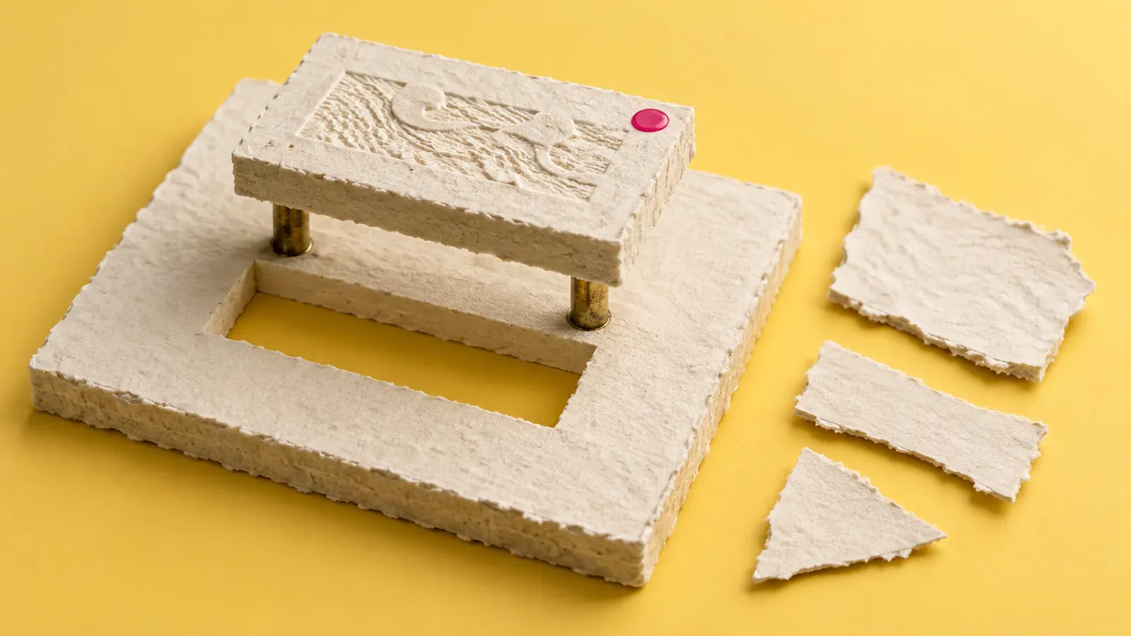 A slab of cast cotton paper raised on brass posts above a matching cut-out frame, its surface embossed with illegible impressed marks, a magenta wax dot at one corner, on a butter-yellow ground.