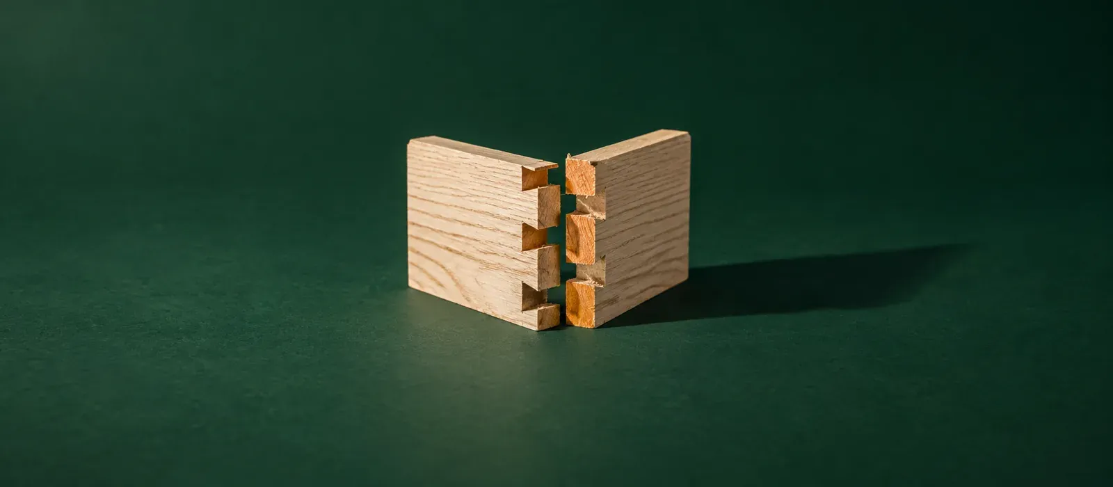 Two pieces of pale ash meeting in a hand-cut dovetail joint on a deep green ground, the pins and tails interlocked but not yet driven home, their cut faces catching a warm orange light.