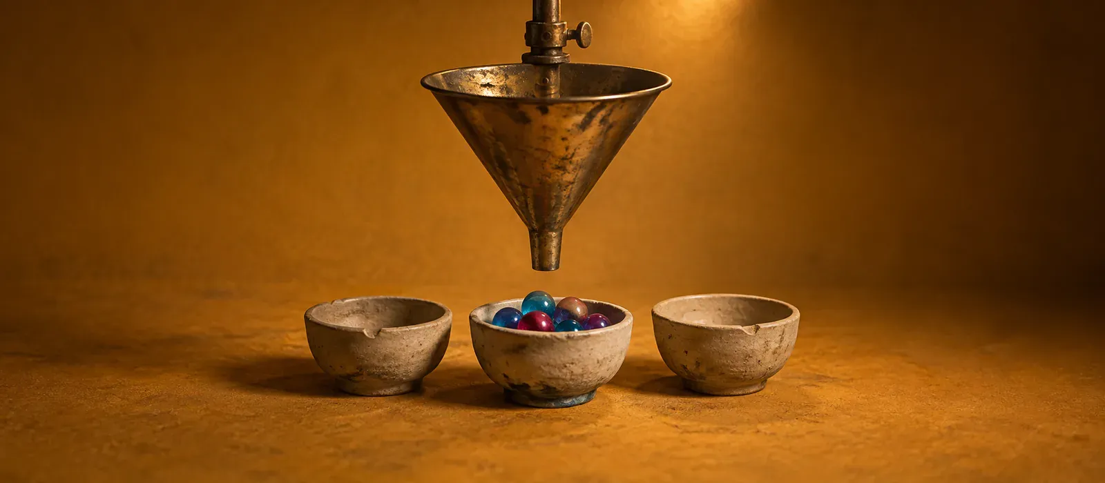 A tarnished brass funnel suspended above three unglazed clay bowls on an ochre ground; the centre bowl holds cyan and magenta glass marbles, the outer two are empty.