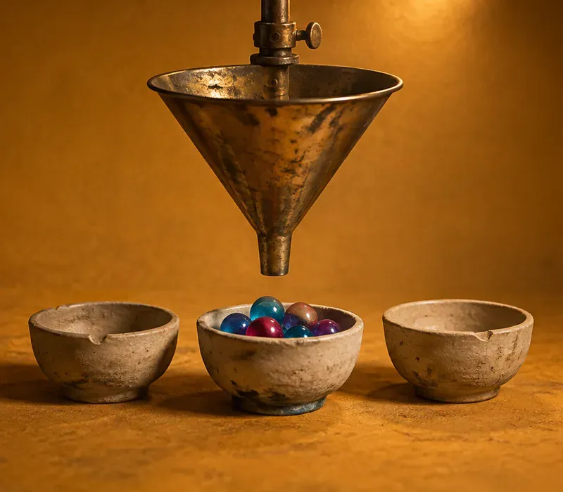A tarnished brass funnel suspended above three unglazed clay bowls on an ochre ground; the centre bowl holds cyan and magenta glass marbles, the outer two are empty.