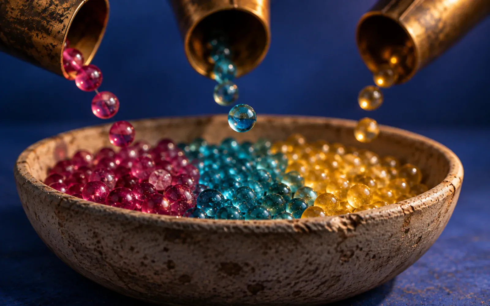 Three brass chutes entering from above, each pouring coloured glass beads into one shallow stone bowl on a deep blue ground.