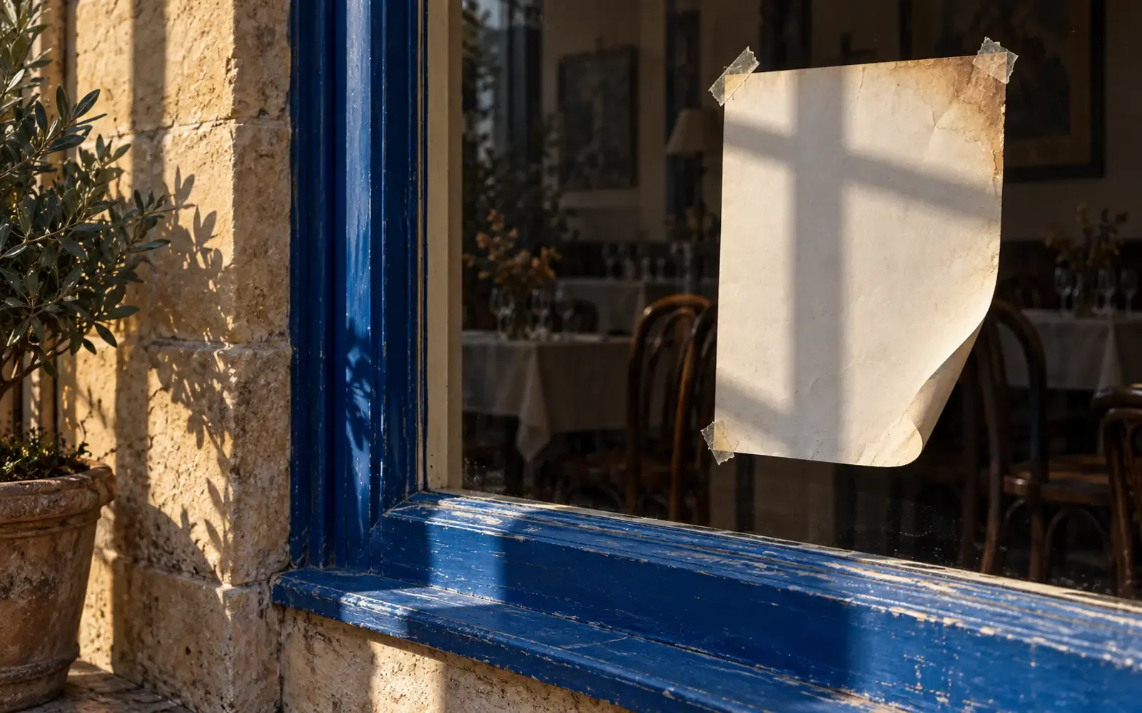 A blank paper menu taped inside a blue-painted shop window, one corner lifted and curling, the shadow of the frame raking across it.