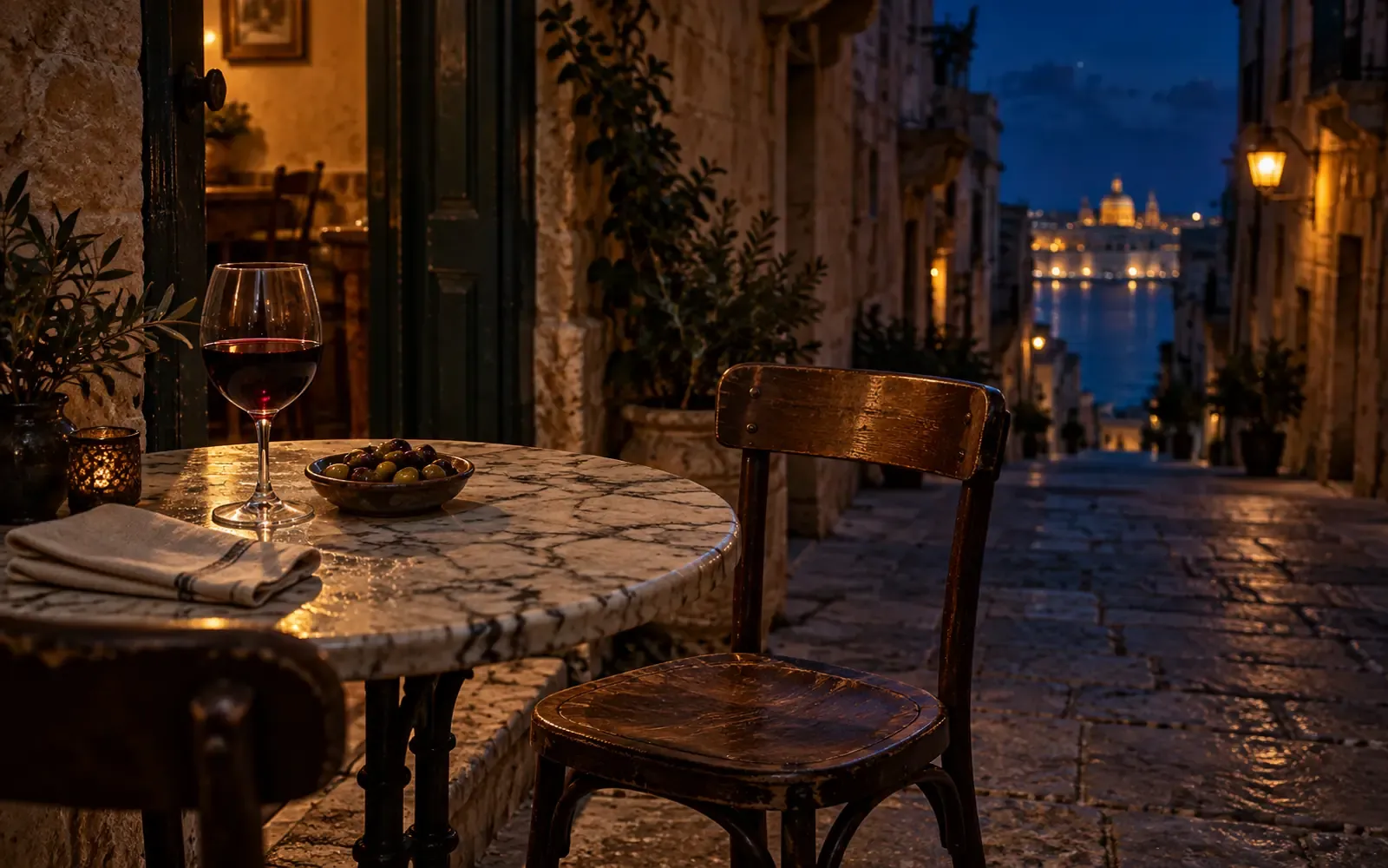 A marble table for two laid on a Valletta street at dusk — one glass of red wine, a dish of olives, a folded napkin — with the lit harbour beyond.