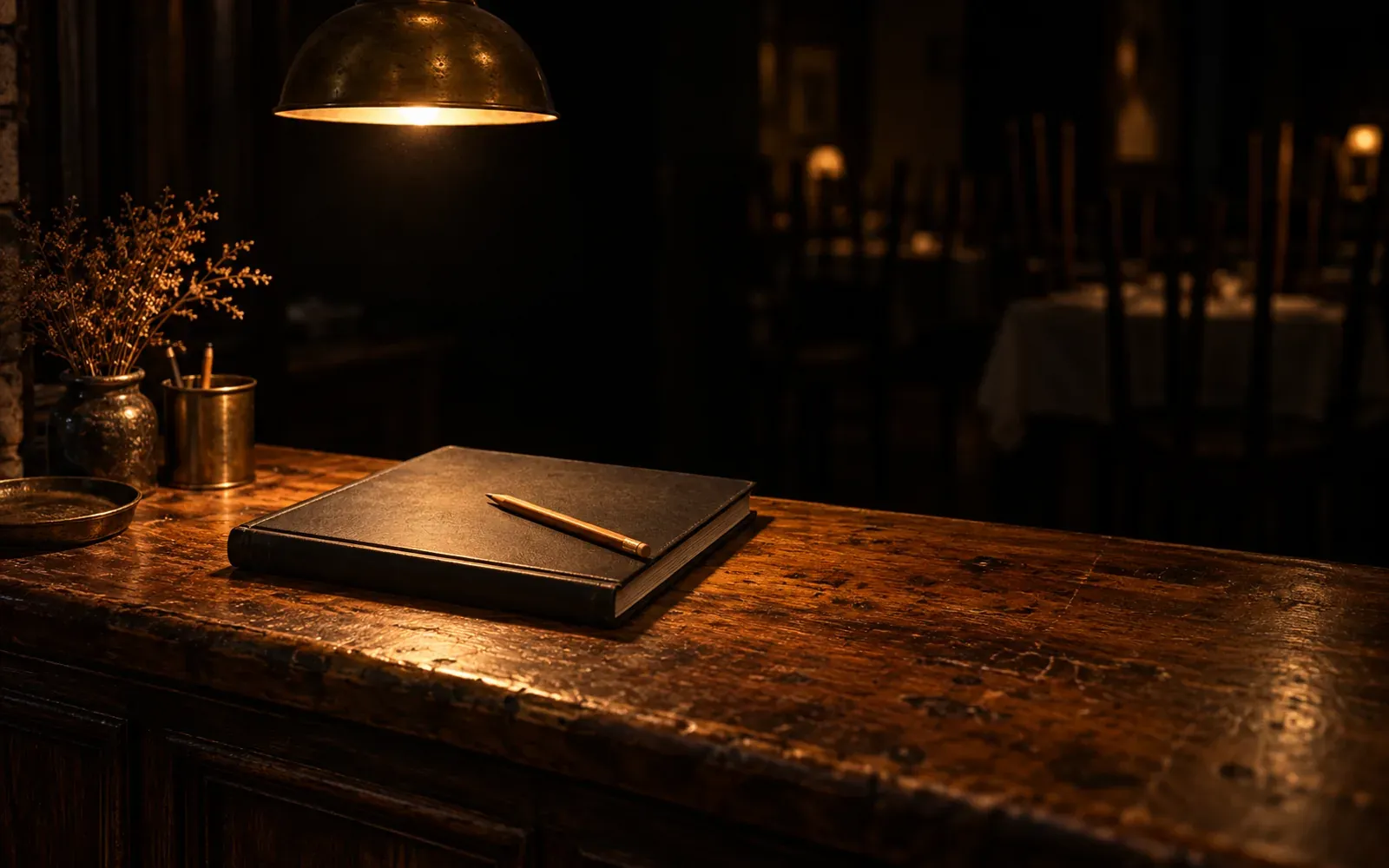A closed leather reservation book with a pencil laid across it on a worn wooden host desk, one warm pendant above and the room dark behind.