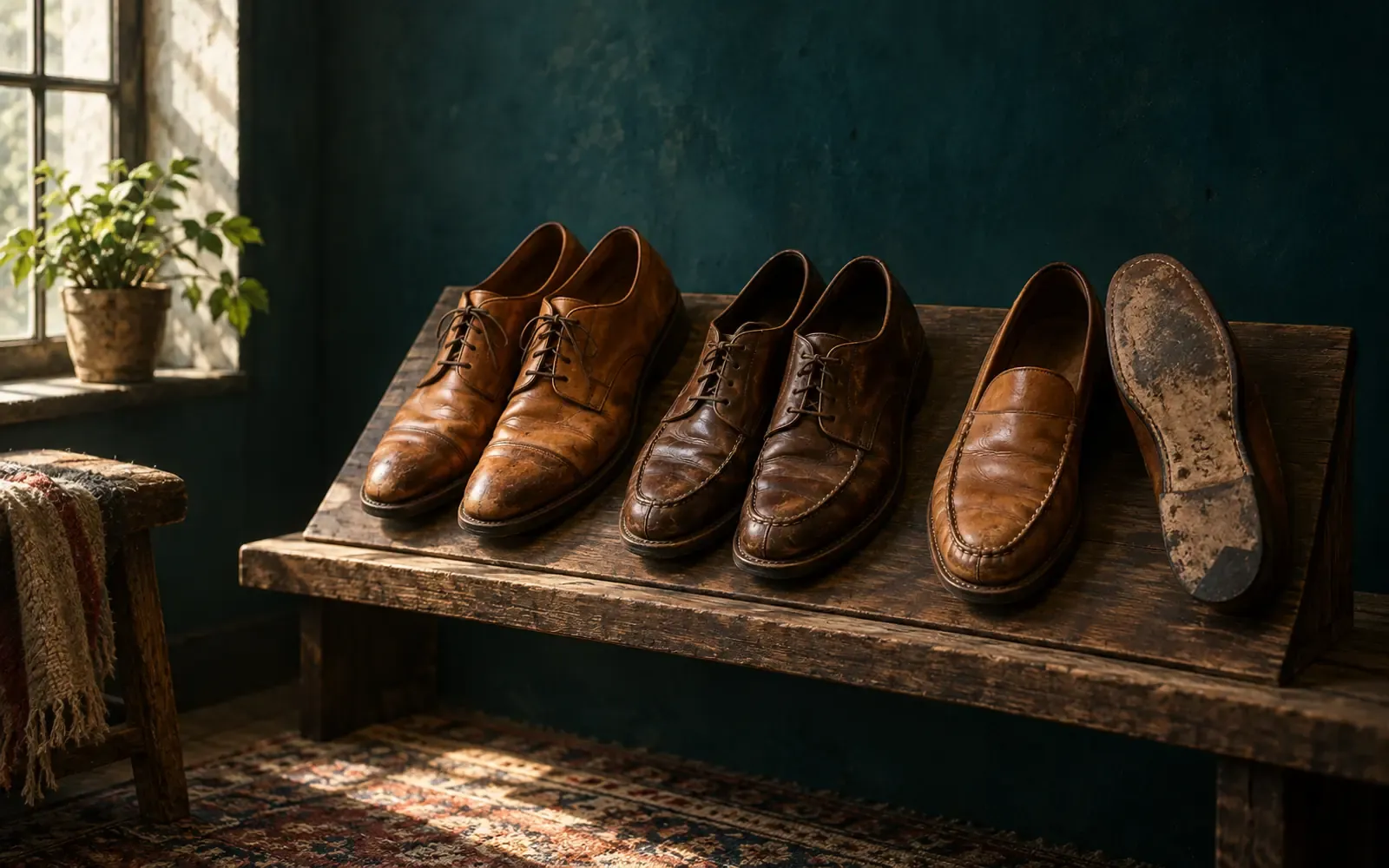Three pairs of leather shoes on a raked wooden display board against a deep teal wall, the last turned to show a worn sole.