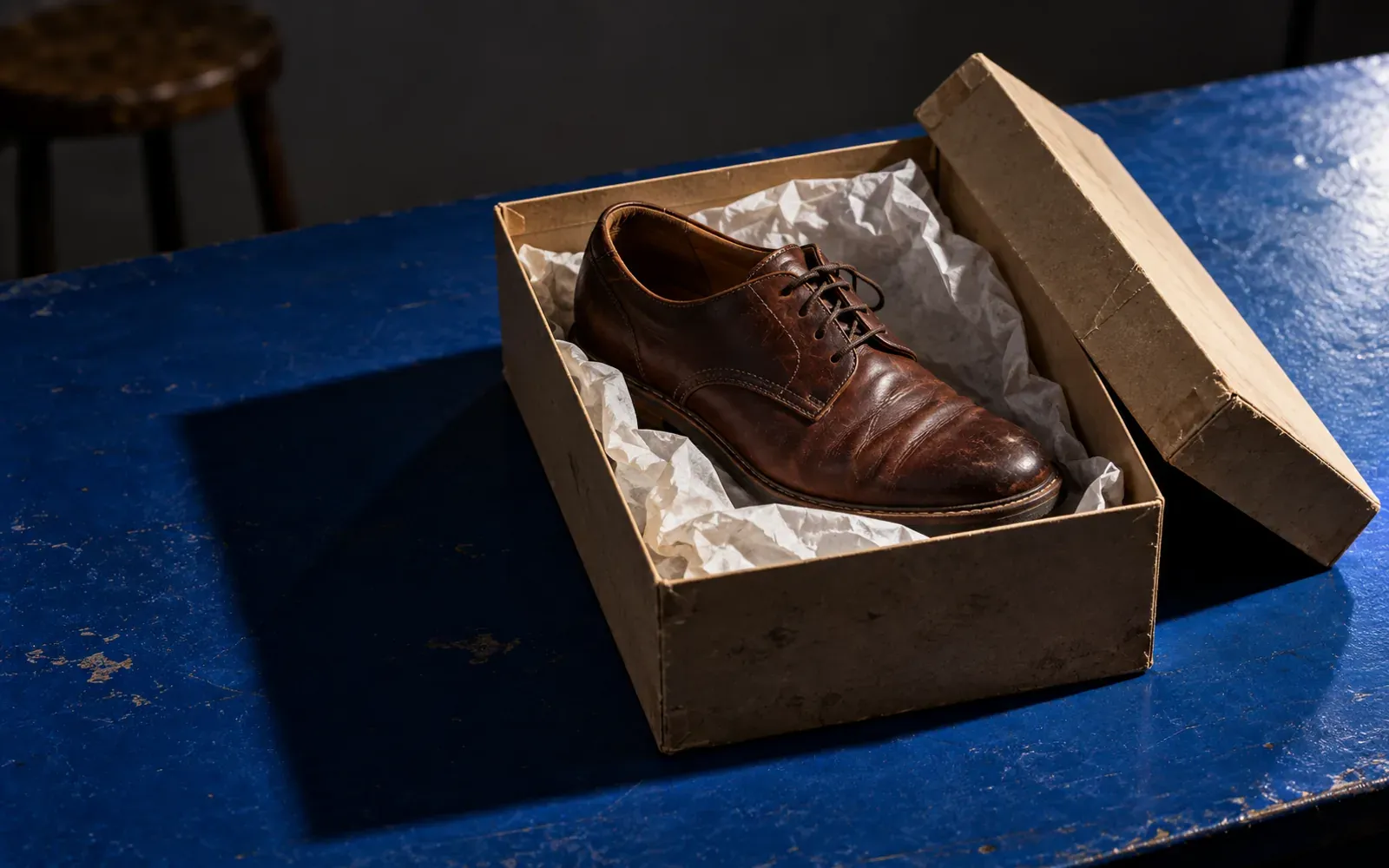 A single leather shoe in an open box lined with tissue, the lid leaning against it, on a cobalt-blue counter under one hard beam.
