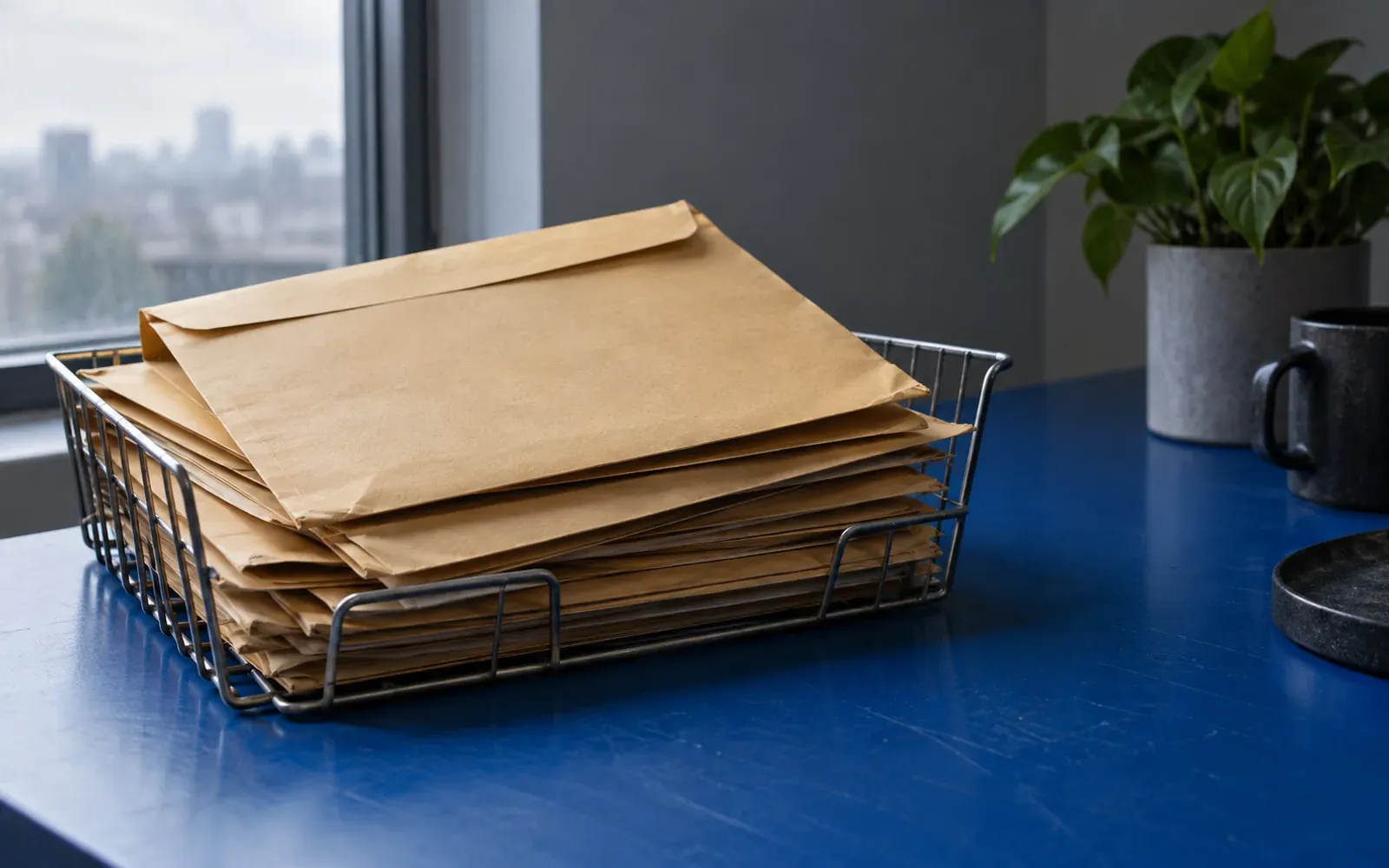 A wire in-tray heaped with unsorted buff document wallets, the top one askew, on a blue desk beside an overcast window.