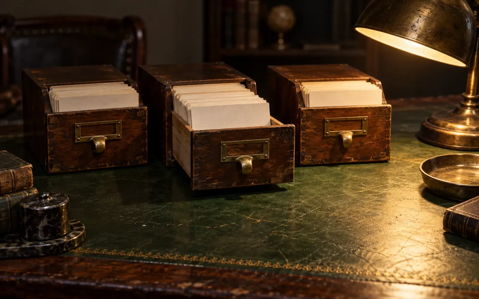 Three brass-handled card drawers on a green leather desktop, each holding blank unmarked cards, the middle drawer half drawn out under a desk lamp.