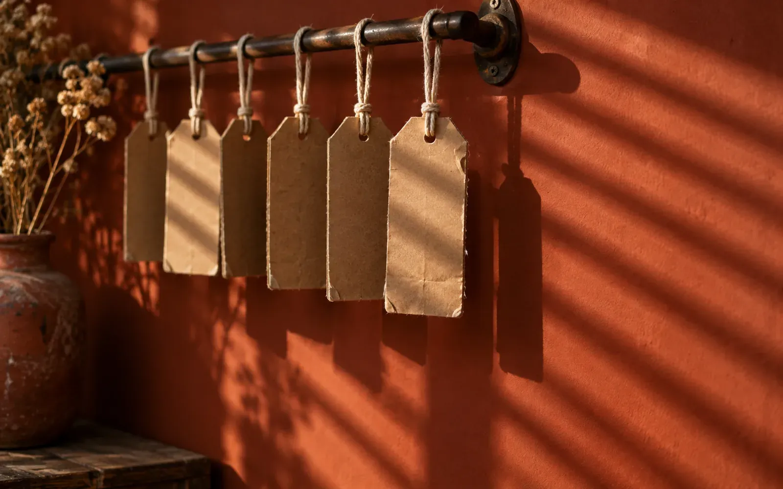 A row of blank cardboard swing tags hanging from a rail against a terracotta wall, all facing away, hard shutter bars falling across them.