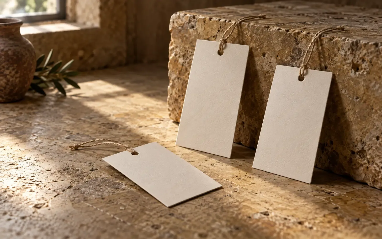 Three blank swing tags on a sunlit limestone sill, two standing squared against a rough block and one lying flat in front.