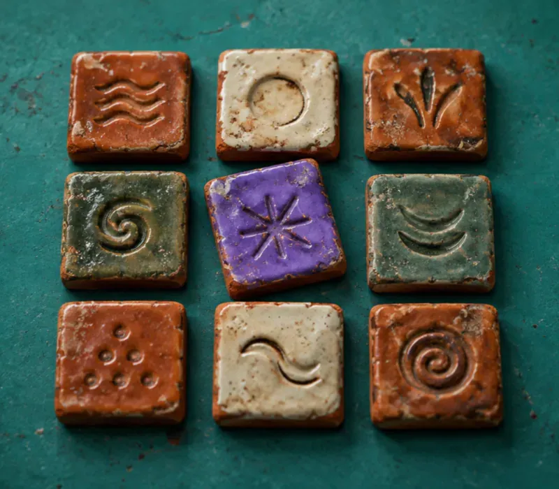 Nine small glazed terracotta tiles in a grid on a teal ground, each stamped with a different illegible mark, one glazed violet and set slightly out of line.