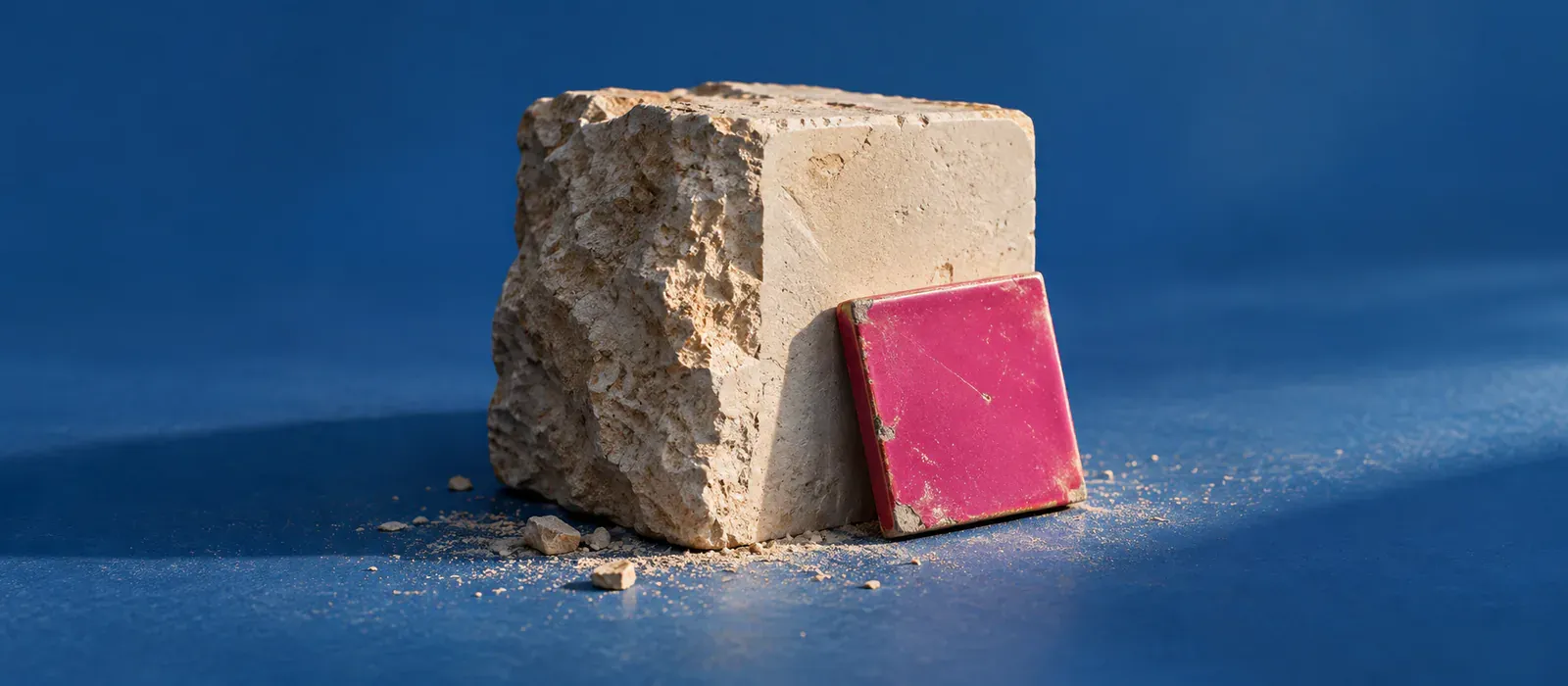 A limestone block on a deep blue ground, half rough-quarried and half chiselled to a polish, with a magenta enamelled square resting against the dressed face.