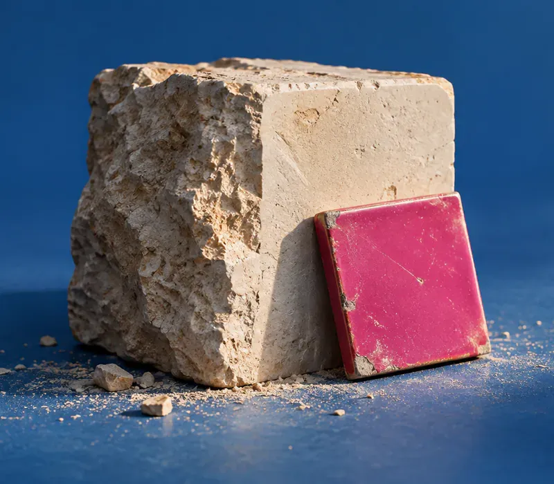 A limestone block on a deep blue ground, half rough-quarried and half chiselled to a polish, with a magenta enamelled square resting against the dressed face.